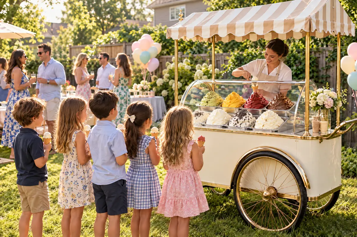 Children lining up at a gelato cart at a backyard birthday party