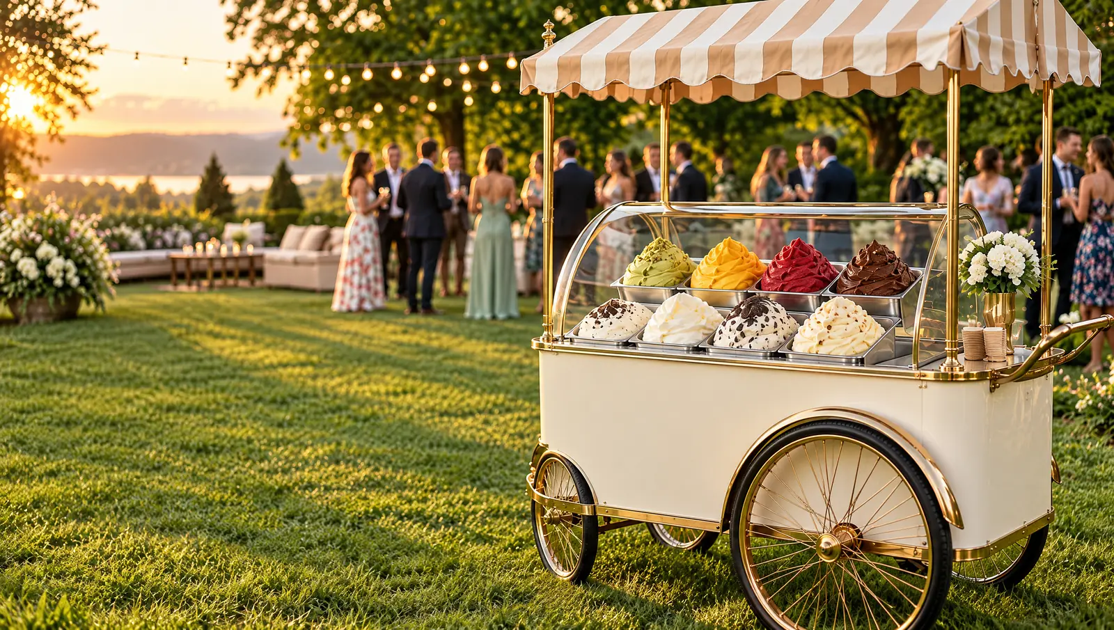 The Gold Medal Creamery gelato cart at a garden wedding