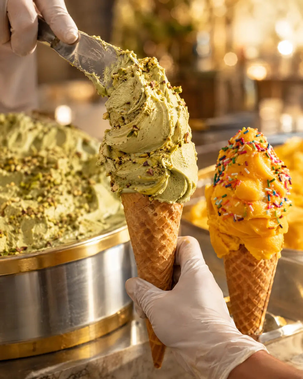 Pistachio gelato being scooped onto a waffle cone