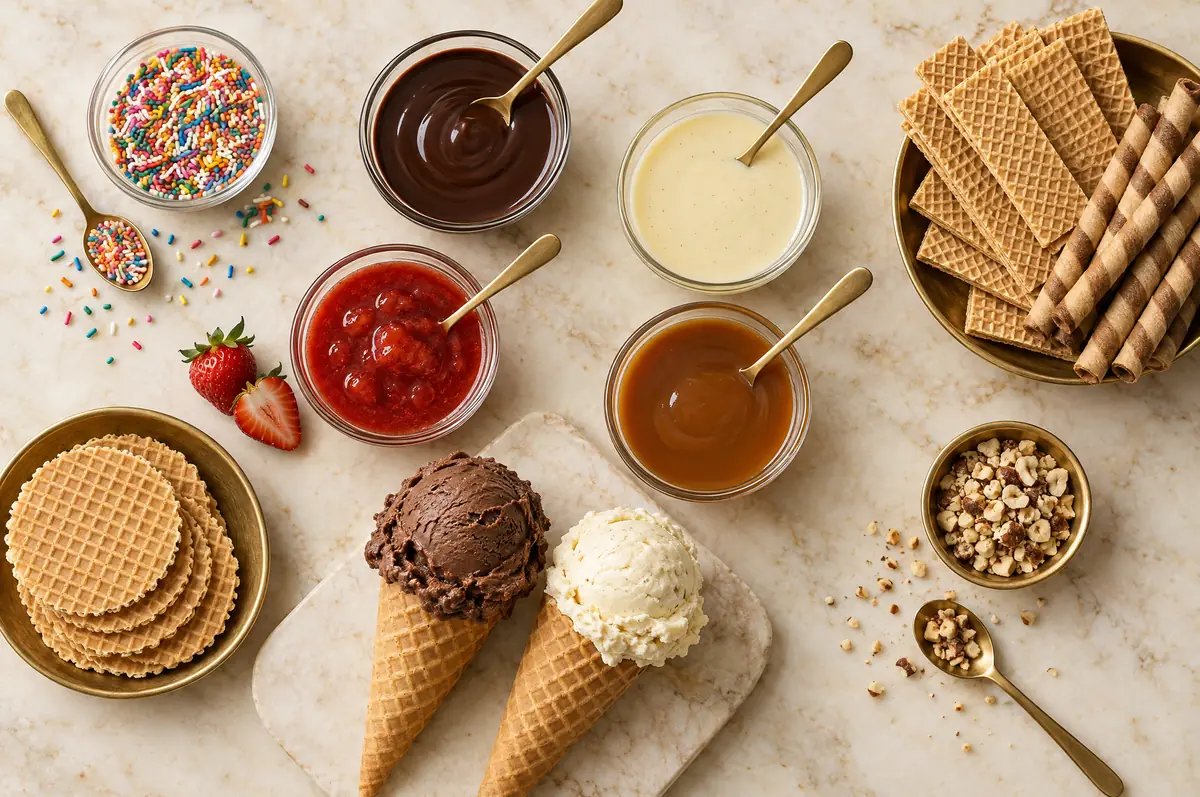 Sprinkles, chocolate, vanilla, strawberry and caramel sauces with biscuits and gelato cones